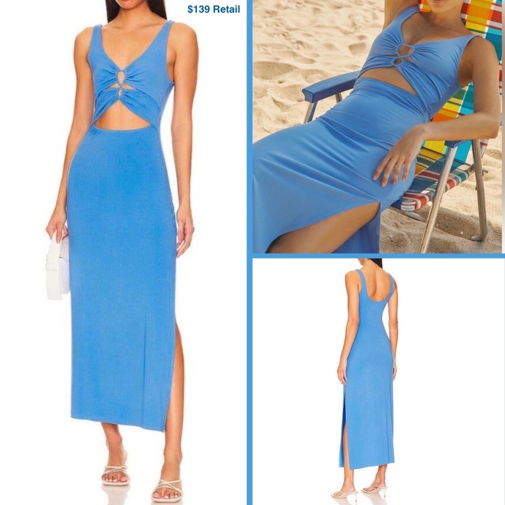 L*SPACE Camille Midi Dress Size M Blue Ribbed Cutout Side Slit Resort Summer